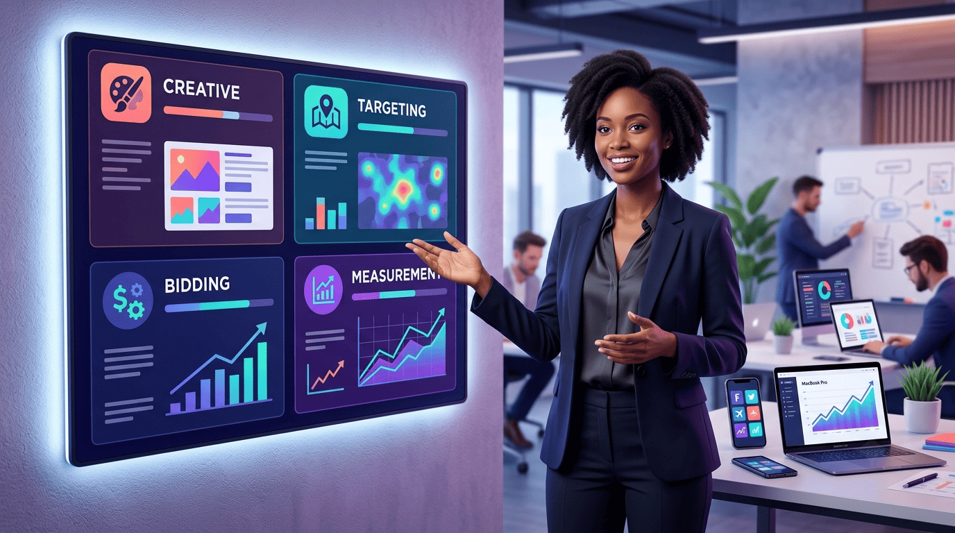 A marketing strategist presenting a dashboard split into four tiles: creative, targeting, bidding and measurement
