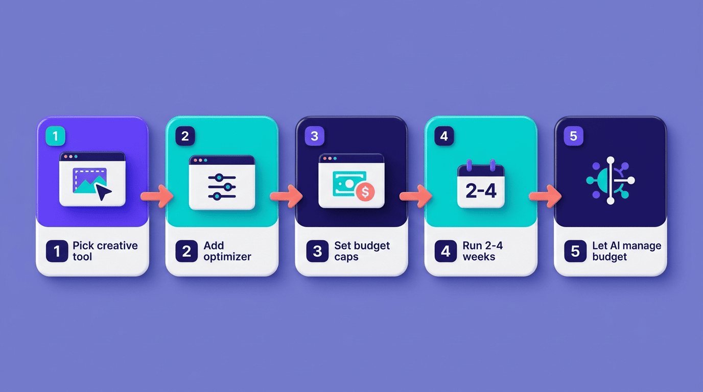 Five-step rollout flow: pick creative tool, add optimizer, set budget caps, run 2-4 weeks, let AI manage budget