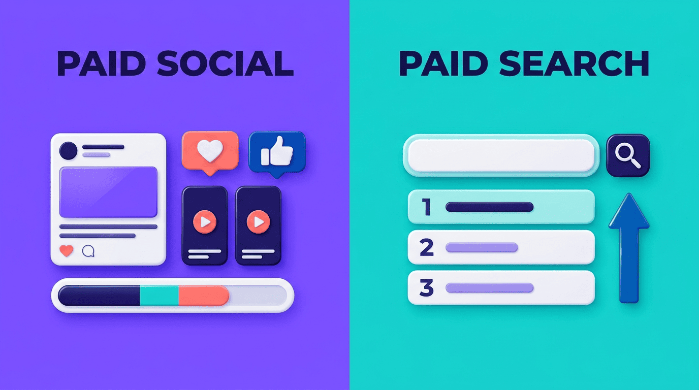 Split comparison of paid social versus paid search, with feed and engagement icons on one side and search bar and ranked keywords on the other