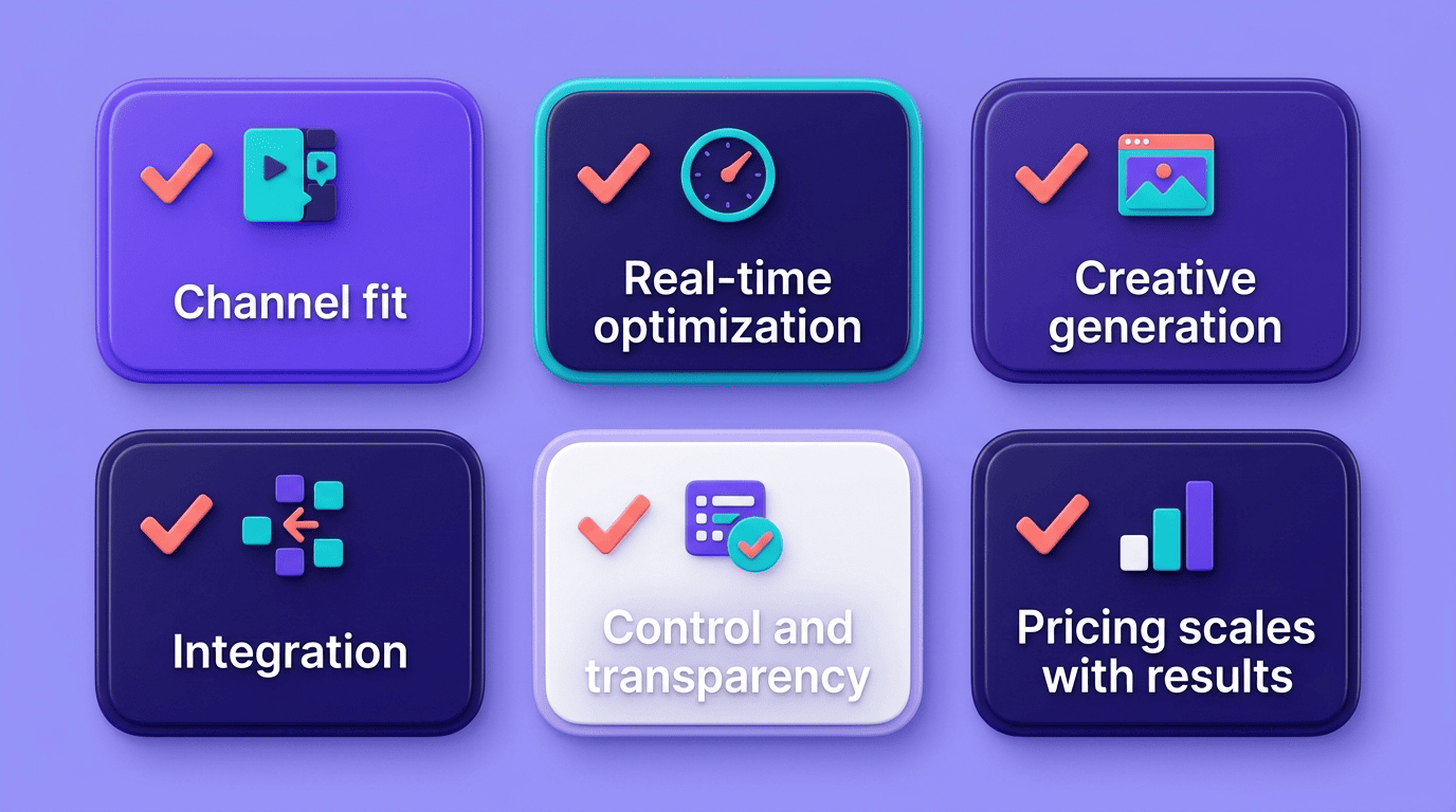 Checklist grid of six criteria: channel fit, real-time optimization, creative generation, integration, control and transparency, pricing that scales with results