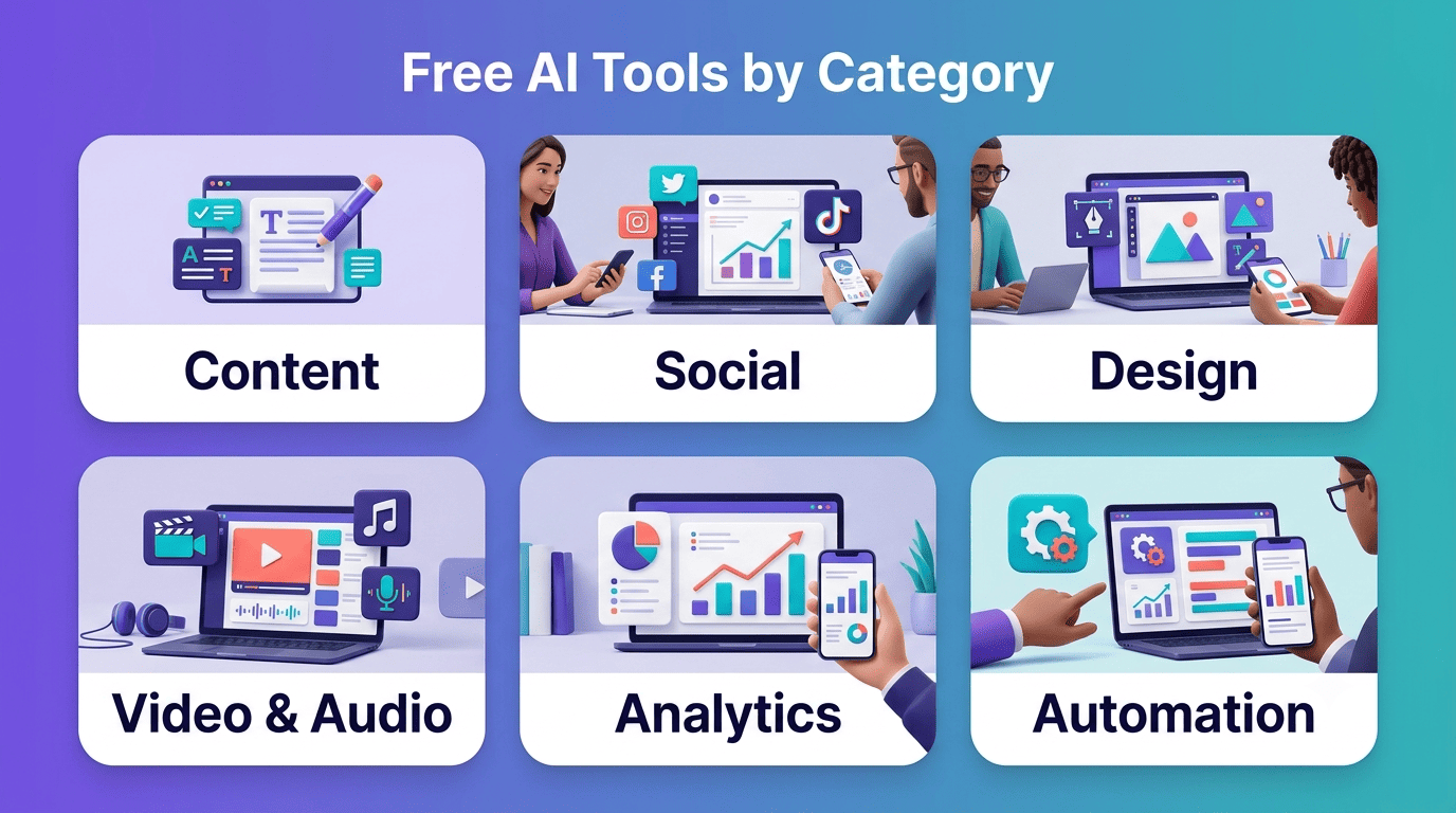 Free AI marketing tools grouped into six categories