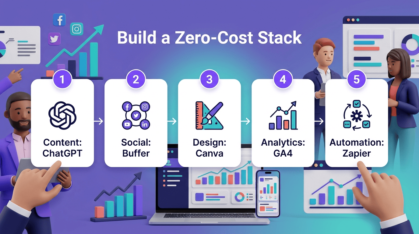 Five-step zero-cost AI marketing stack: ChatGPT, Buffer, Canva, GA4, Zapier
