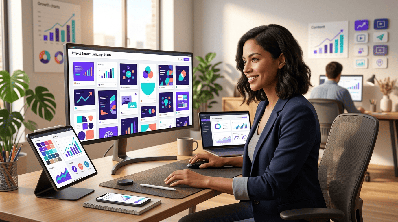 Marketing designer generating on-brand ad graphics and social images with an AI design tool