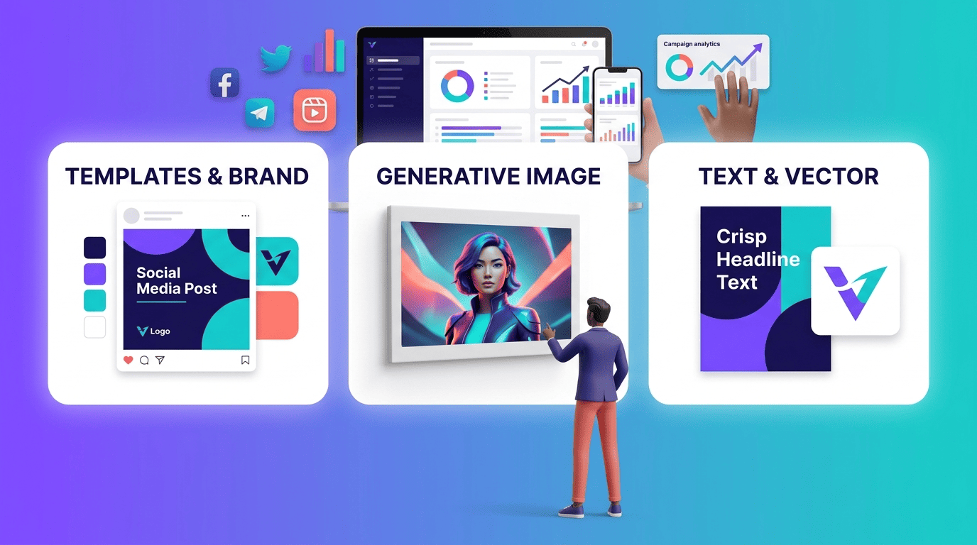 Three categories of AI graphic design tools: templates and brand, generative image, text and vector