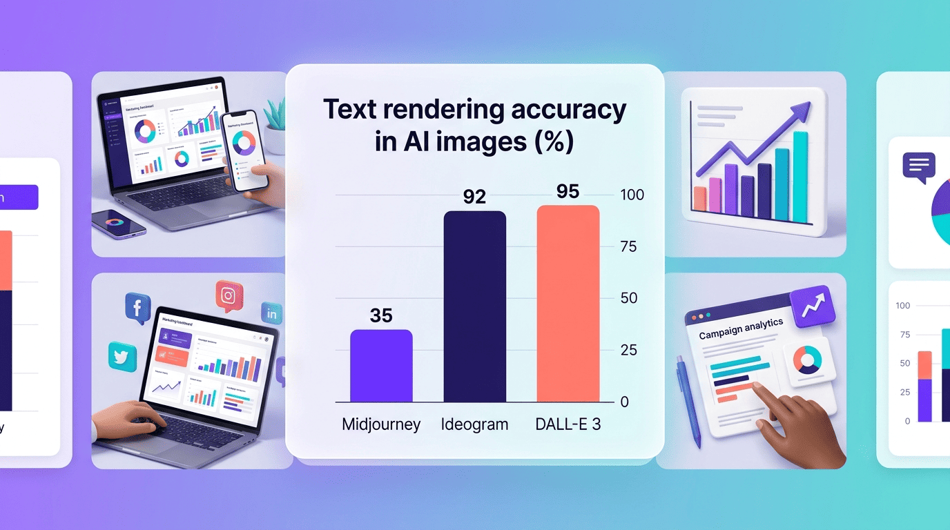 Bar chart comparing text-rendering accuracy of Midjourney, Ideogram, and DALL-E 3