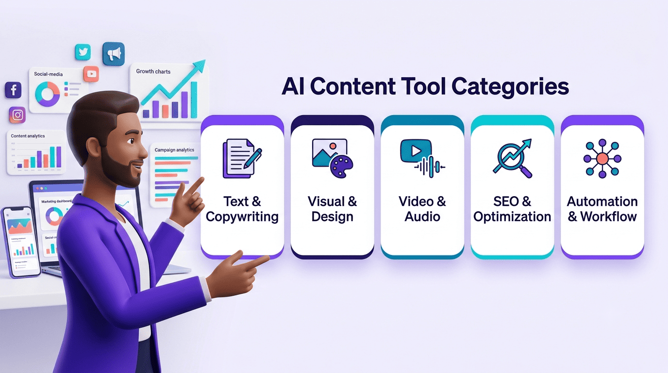 Infographic of the five AI content tool categories: text, visual, video, SEO, and automation