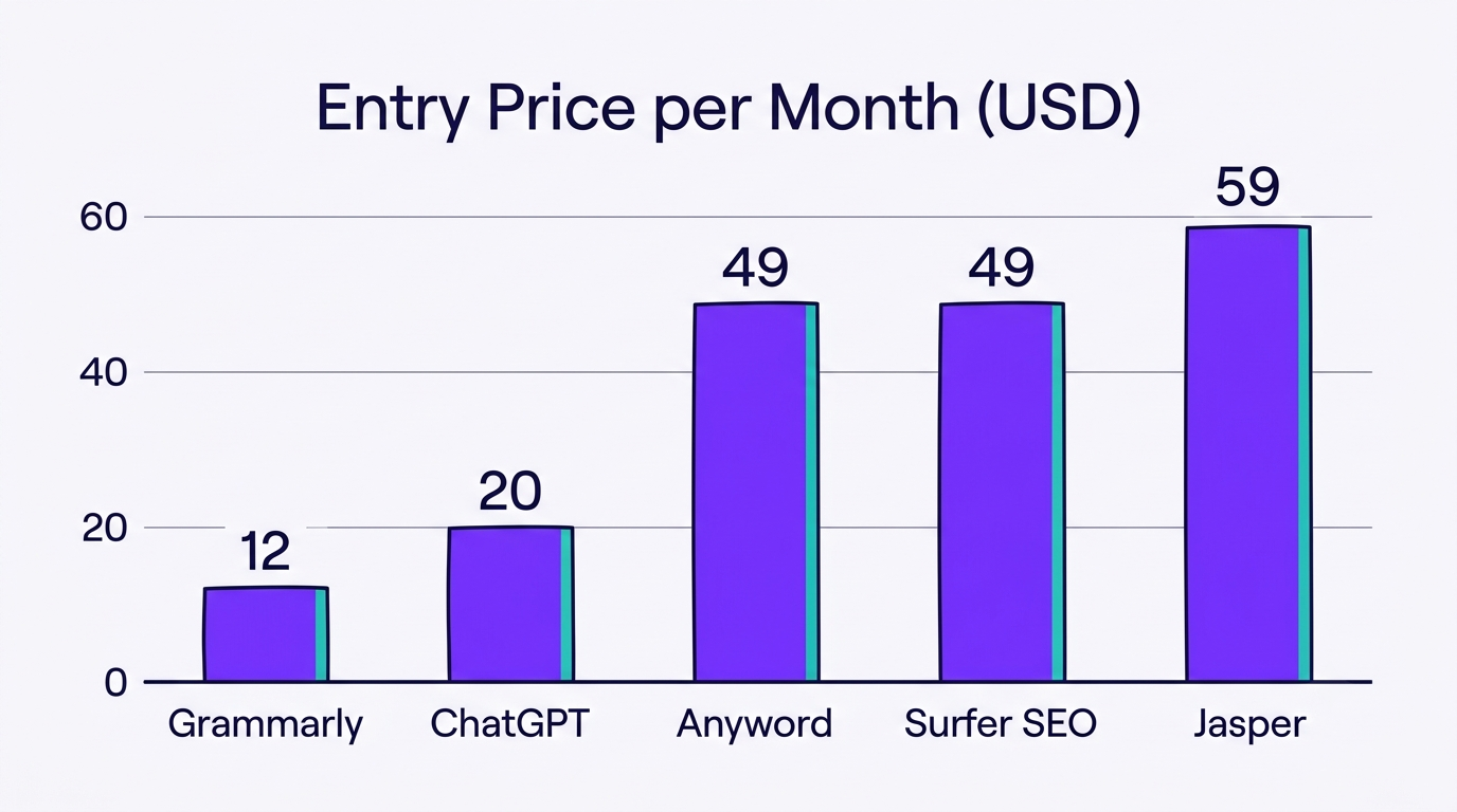 Bar chart comparing entry monthly prices of Grammarly, ChatGPT, Anyword, Surfer SEO, and Jasper