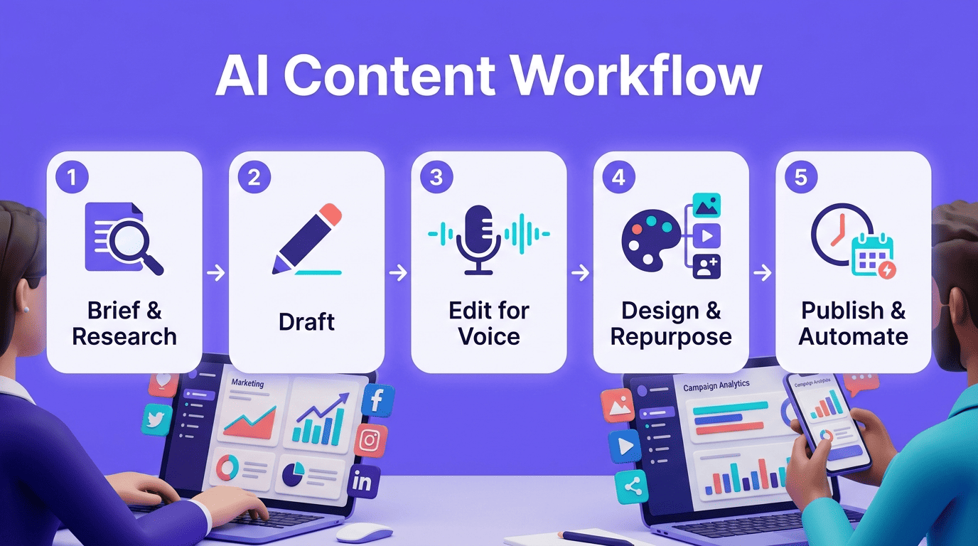 Five-step AI content workflow: brief and research, draft, edit, design and repurpose, publish and automate