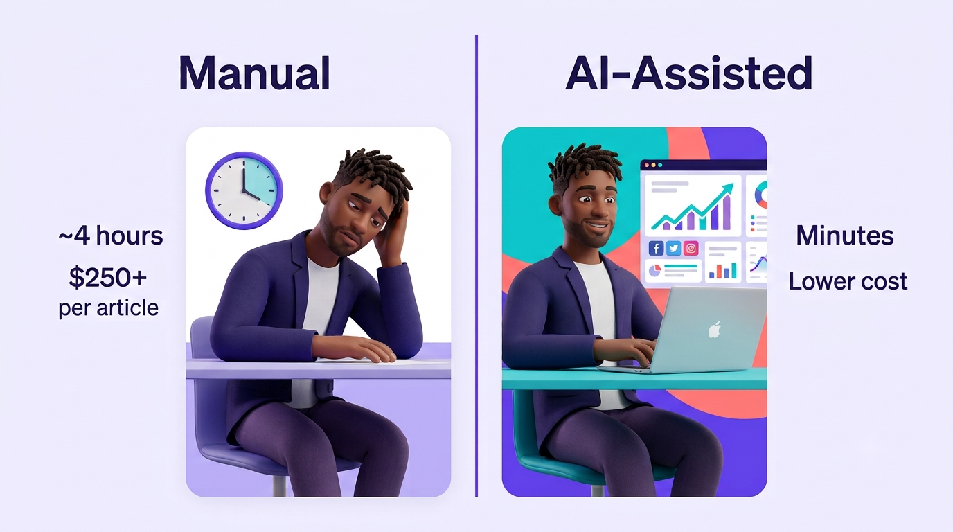 Comparison of manual content creation versus AI-assisted content: hours and cost versus minutes