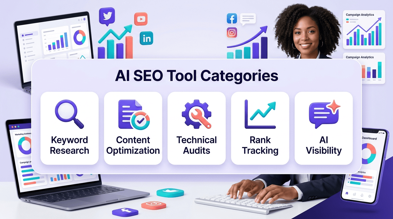 Infographic of the five AI SEO tool categories: keyword research, content optimization, technical audits, rank tracking, AI visibility