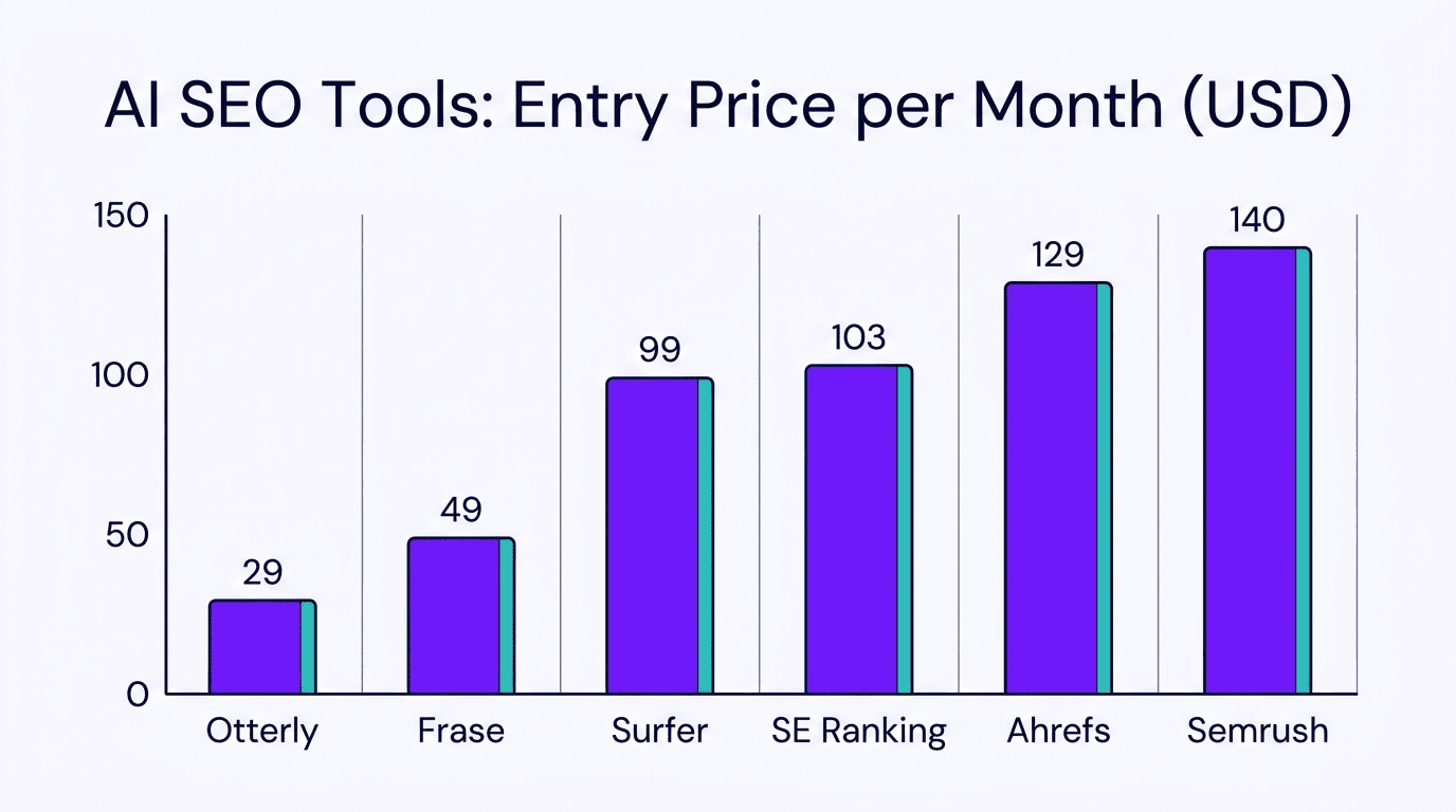Bar chart of AI SEO tool entry prices per month: Otterly $29 up to Semrush $140