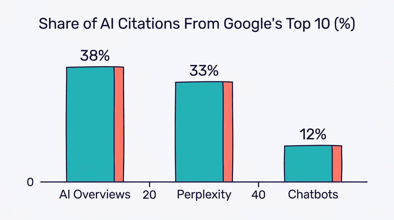 Bar chart of the share of AI citations coming from Google's top 10: AI Overviews 38%, Perplexity 33%, chatbots 12%