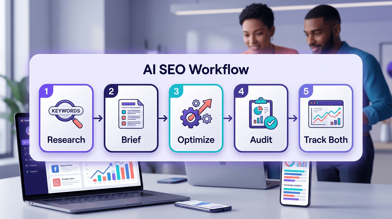 Five-step AI SEO workflow: research, brief, optimize, audit, track both Google and AI visibility
