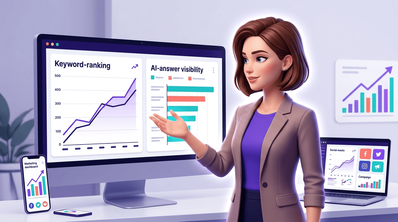 Marketer reviewing two dashboards side by side: keyword rankings and AI-answer visibility