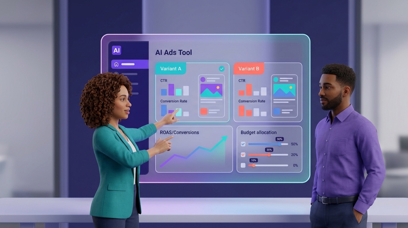 An AI ads tool comparing ad variants with A/B test results and a rising ROAS chart
