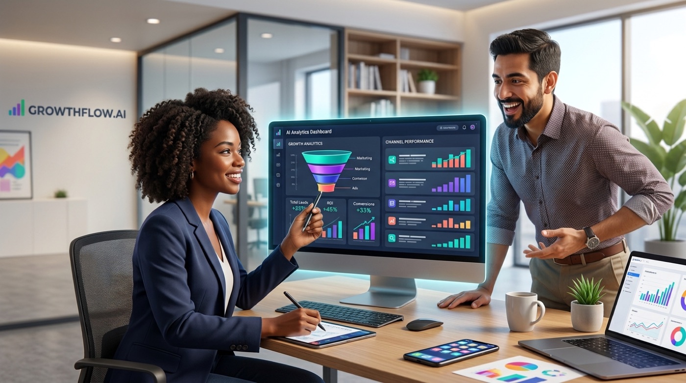 An AI analytics dashboard highlighting which channels drive growth, with a marketing funnel and clear KPIs