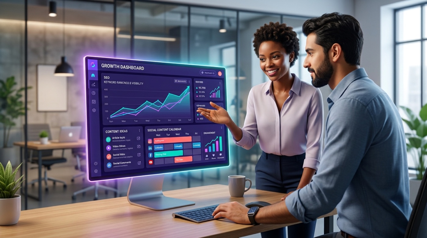 An AI SEO and social tool showing keyword rankings rising and a scheduled social calendar with engagement metrics
