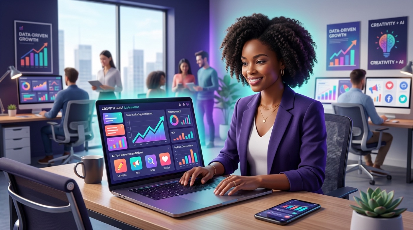 An AI marketing assistant recommending the best AI tools across content, ads, SEO and social with an upward growth chart