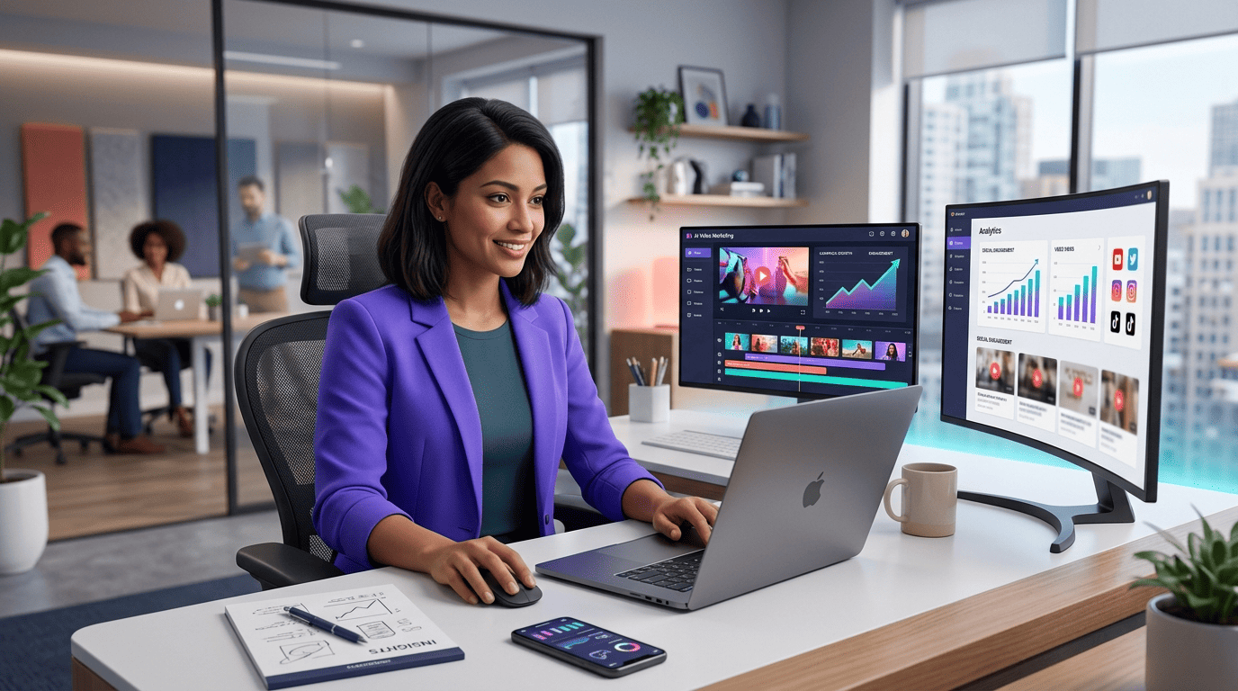 Marketing professional creating a marketing video with an AI video tool on a dual-screen workspace