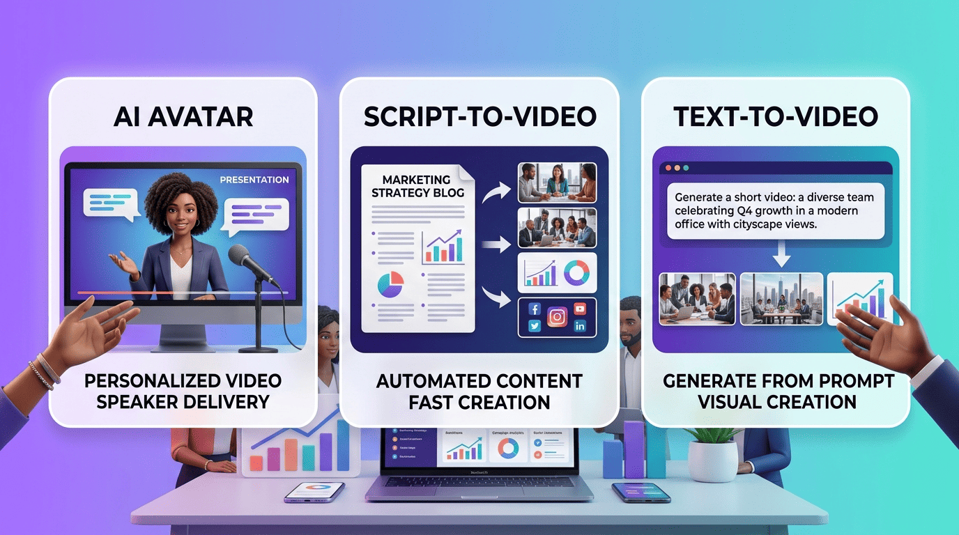 Comparison of the three types of AI video marketing tools: avatar, script-to-video, and text-to-video