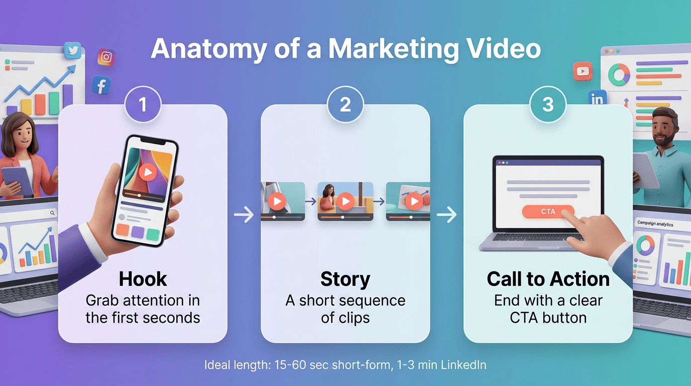 Three-step anatomy of a marketing video: hook, story, and call to action