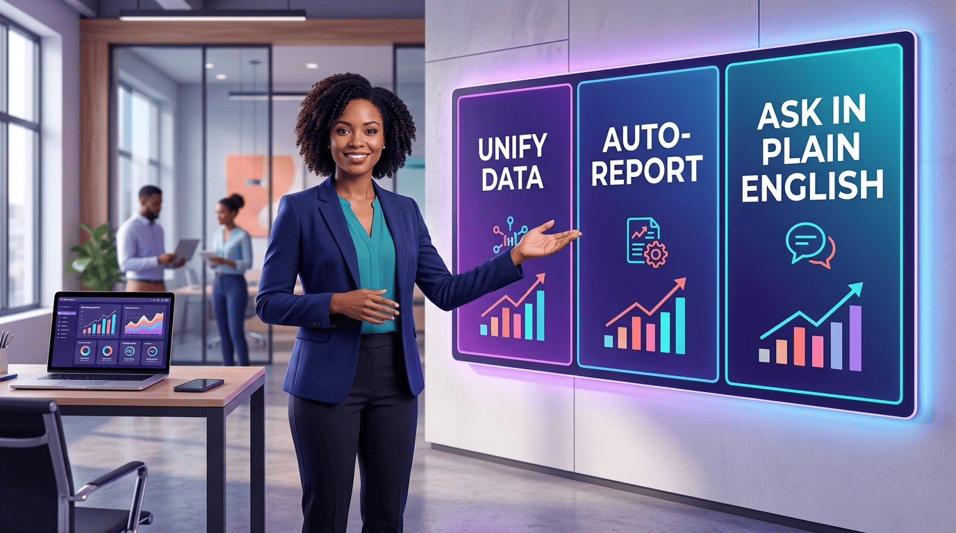 A marketing analyst presenting a dashboard with three panels: unify data, auto-report, ask in plain English