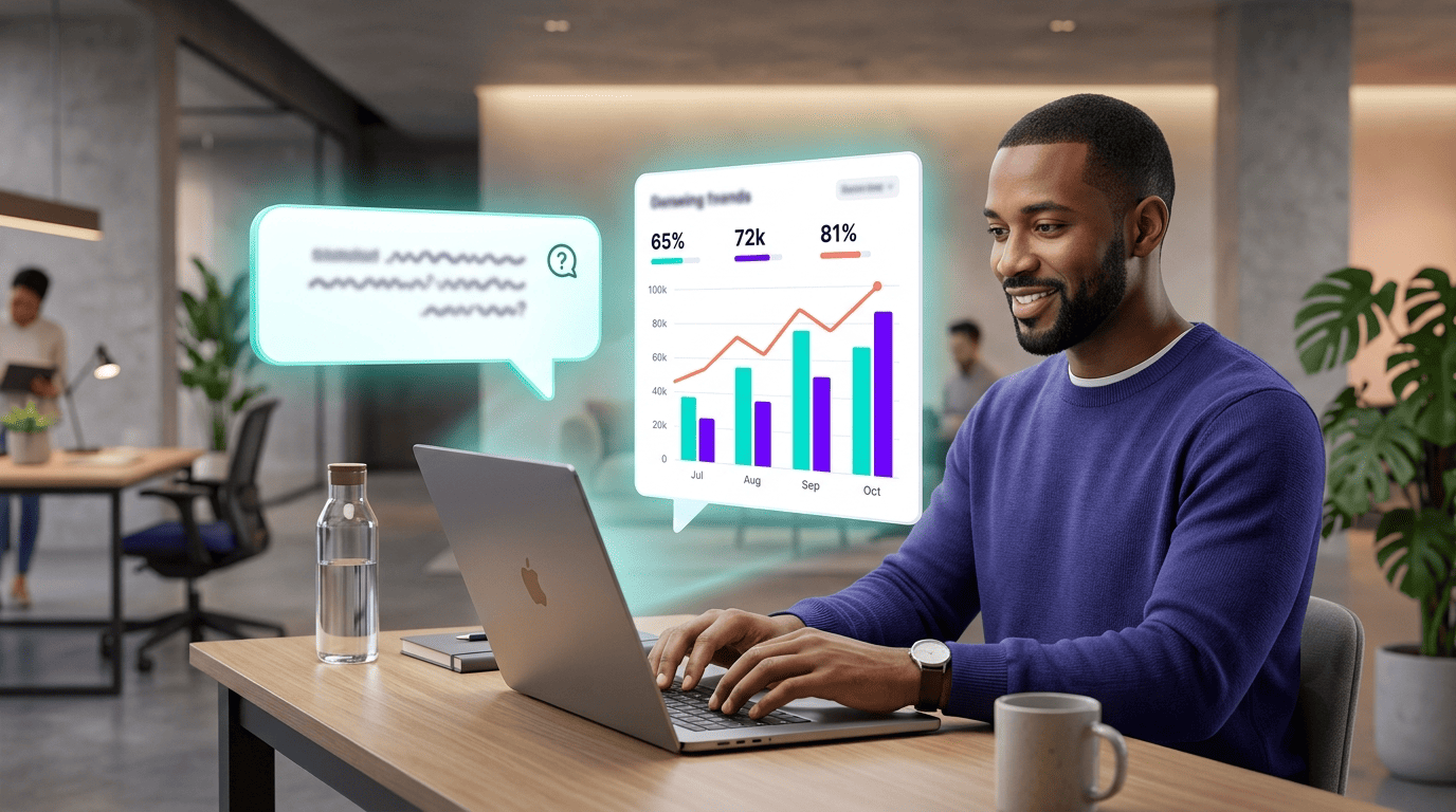 A marketer typing a question at a laptop and getting a chart answer, illustrating conversational analytics