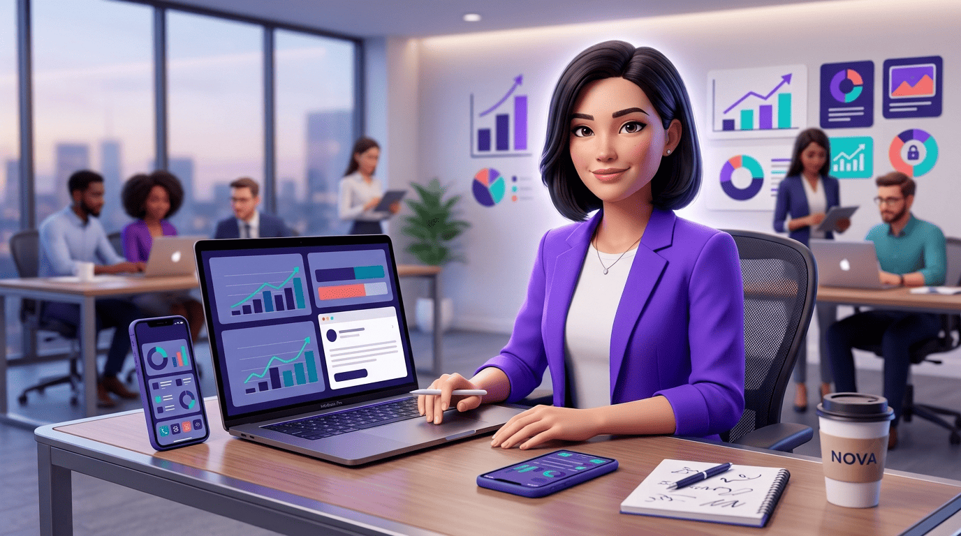 A marketing strategist reviewing an email campaign dashboard with open-rate graphs and a subject-line A/B test