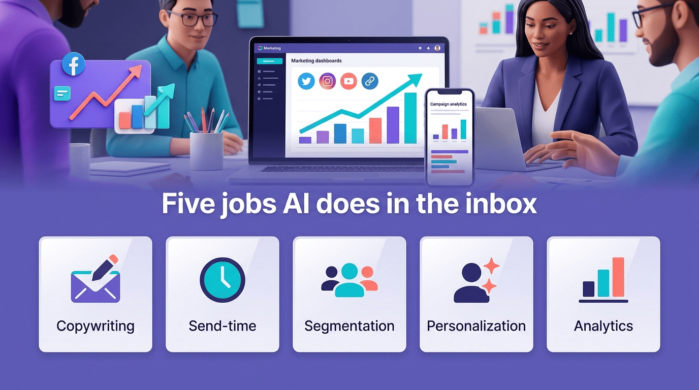 Infographic of the five jobs AI does in the inbox: copywriting, send-time, segmentation, personalization, analytics