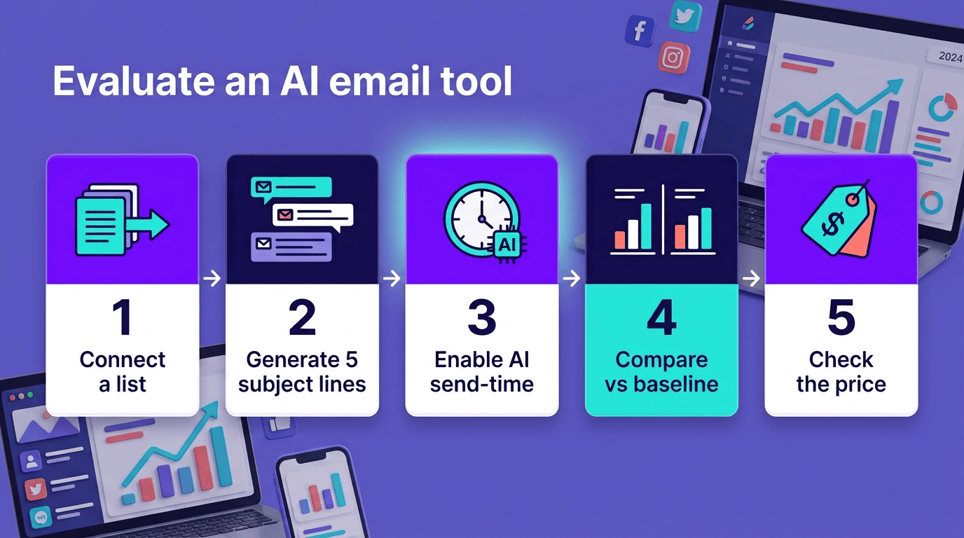 Five-step process for evaluating an AI email tool: connect a list, generate subject lines, enable AI send-time, compare vs baseline, check the price