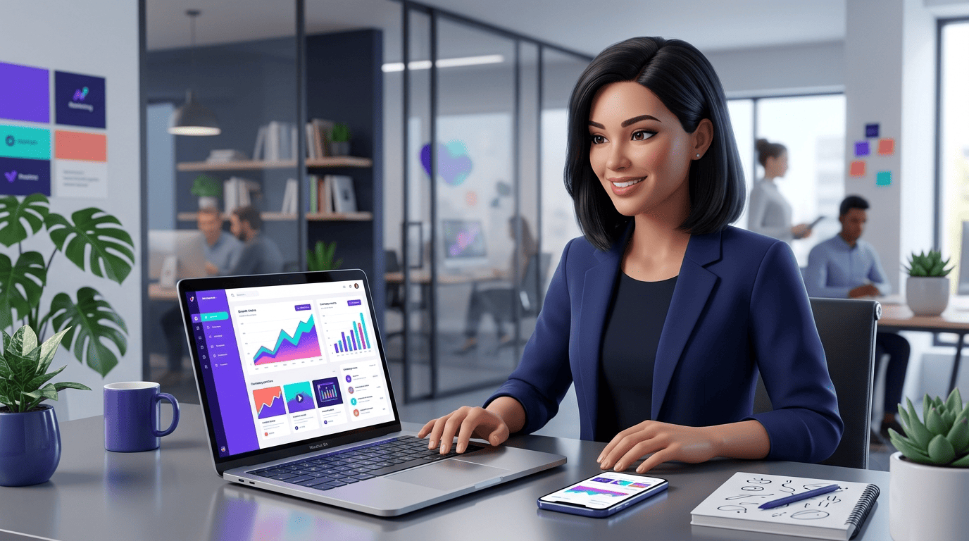 A marketing strategist reviewing colorful social-media dashboards on a laptop and phone